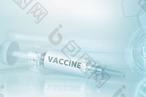 刻有疫苗字样的注射器和药瓶。冠状病毒疫苗