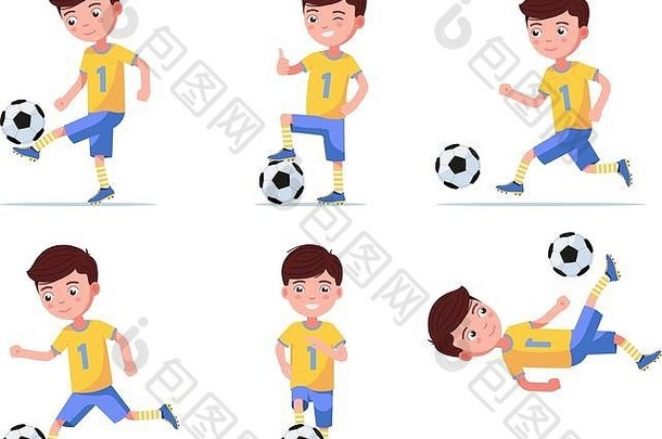 男孩足球运动员踢足球