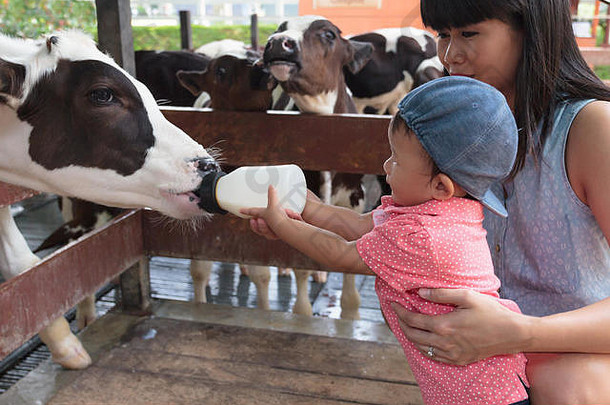 亚洲美丽的妈妈在农场为宝宝喂奶，为宝宝喂奶，活动家庭，提<strong>升学</strong>习体验