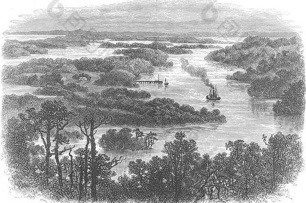 澳大利亚墨累河与达令河交汇处1886年古董印花
