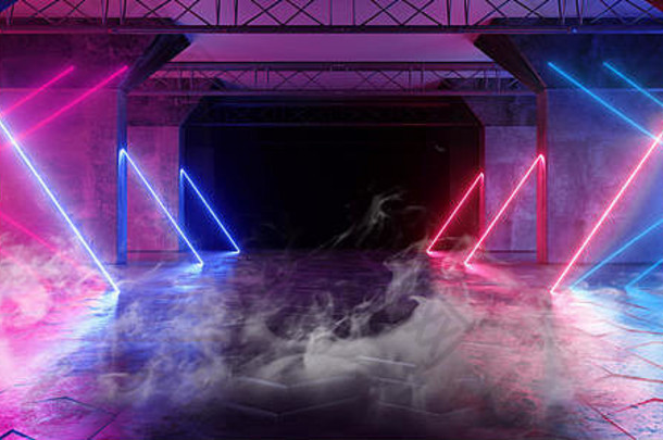 烟雾虚拟路径科幻霓虹灯发光荧光激光登场舞台舞光紫外紫蓝色粉色暗空垃圾混凝土霓虹灯