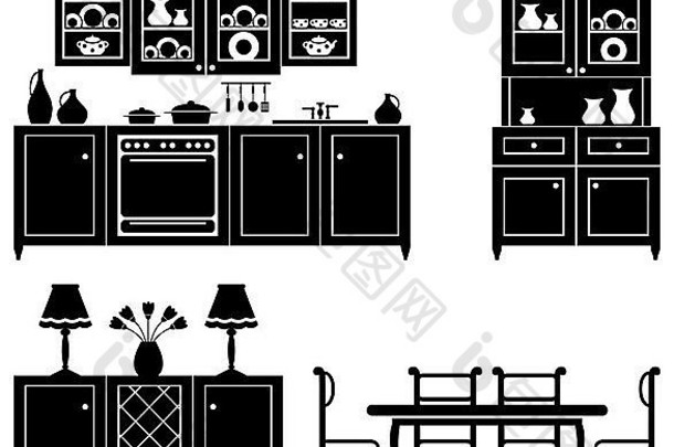 集图标厨房家具黑色的白色
