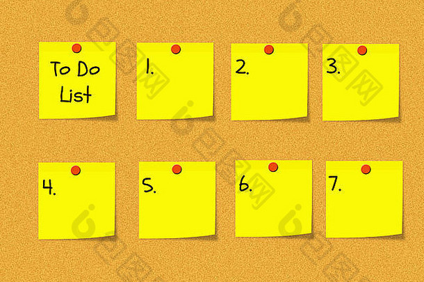 挂在挂着黄色便签和红钉的公告板上的待办事项清单。