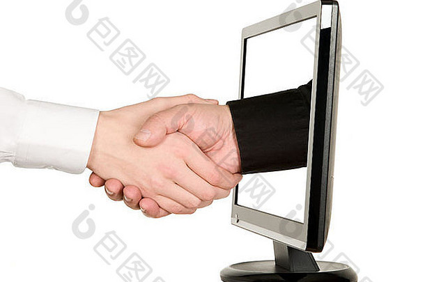 男子在液晶显示器上与商人握手