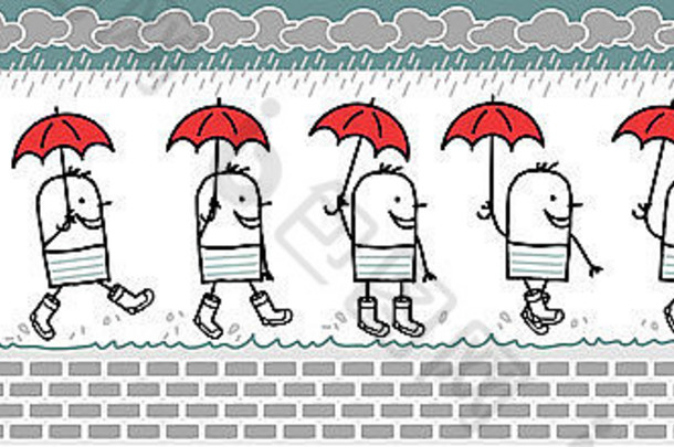 带雨伞和雨靴的步行者