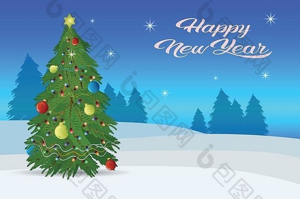 冷杉树装饰色彩斑斓的球快乐一年快乐圣诞节概念平森林景观背景水平