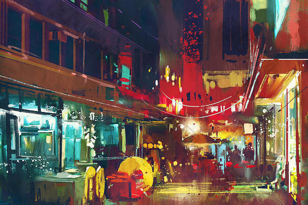 夜间彩色建筑和城市街道的绘画，城市景观插图