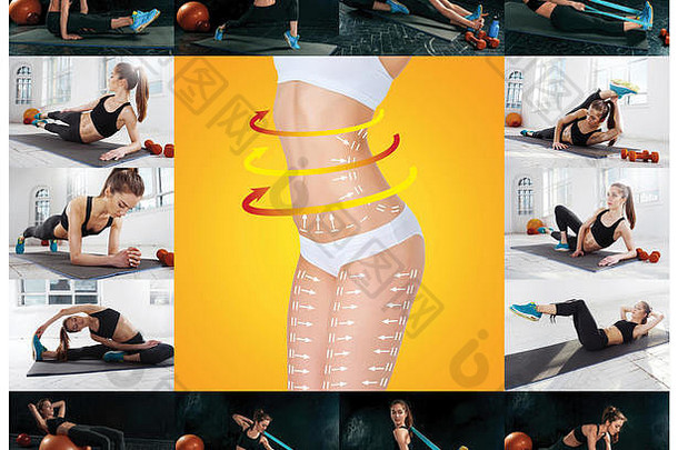 拼贴画图片美丽的苗条的女人体操健身房