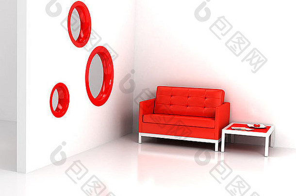 白色地板上的红色沙发。计算机生成图像