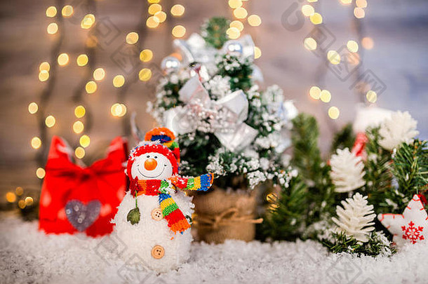 圣诞节装饰木背景雪人雪灯背景快乐一年复制空间