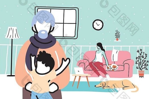 家庭成员呆在家里不受冠状病毒大流行媒介感染的插图设计