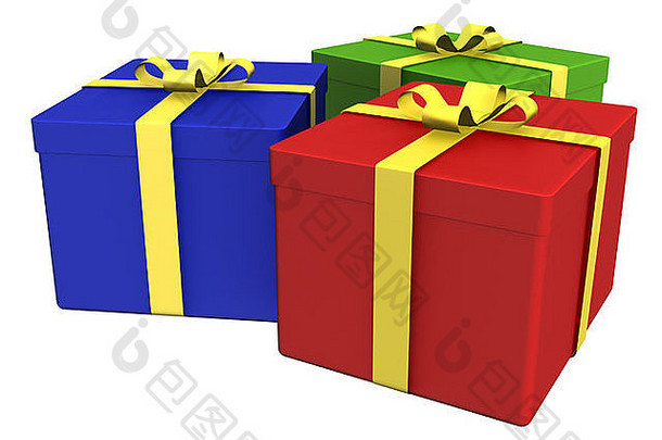 白色背景上分开的礼品盒-红色、绿色、<strong>蓝色</strong>，包括路径