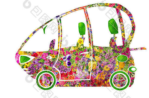 绿色夏季生态电动趣味生物车概念-由花卉和树叶拼贴制成。偏远的