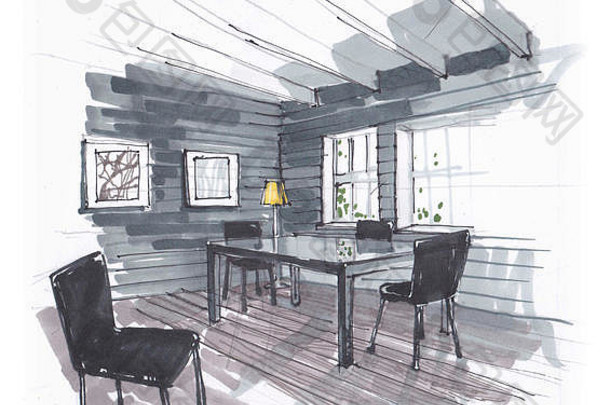 餐厅的草图。大窗户区域的桌椅。墙上的画。手绘内饰。