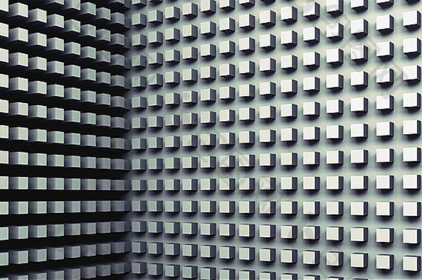 抽象建筑数字背景，墙上有小立方体图案，3d插图