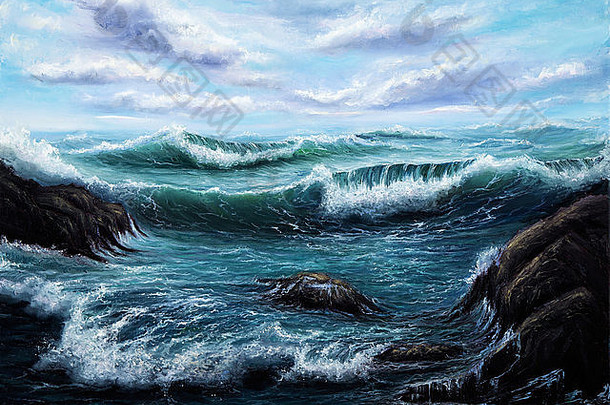 在画布上展示海洋或海洋的原始油画。现代印象派、现代主义、马林主义