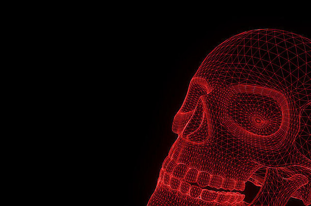 运动中的人体头骨三维线框全息图。漂亮的3D渲染