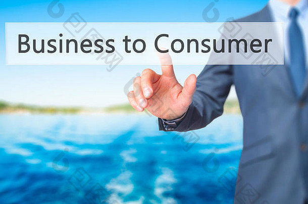 企业对消费者-商家点击虚拟触摸屏。业务和IT概念。库存照片