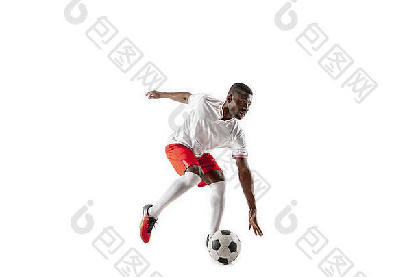 在白色工作室背景上独立运动的职业非裔美式足球运动员。适合在运动中跳跃的人，跳跃，运动。
