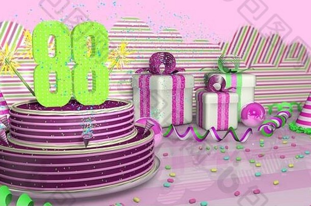 紫色圆形<strong>88</strong>岁生日蛋糕，在明亮的桌子上装饰着五颜六色的火花和粉色线条，上面有绿色的彩带、派对帽和带别针的礼盒