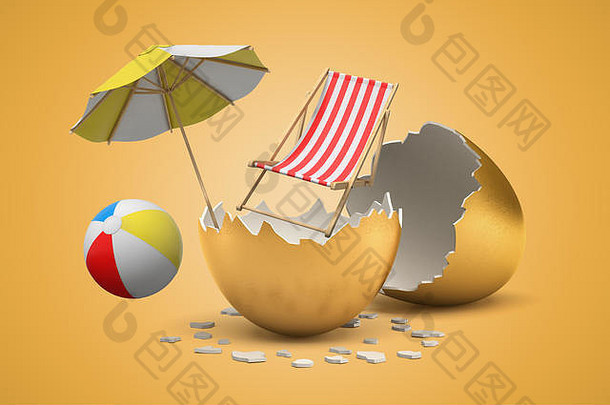 呈现海滩椅子伞彩虹海滩球孵化金蛋黄色的背景