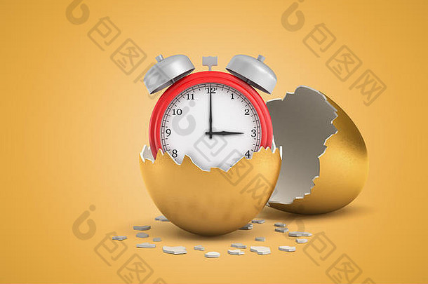 半个金色蛋壳内红色闹钟的3d特写效果，另一个蛋壳在赭石背景上。