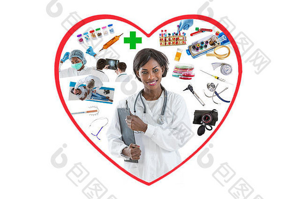 概念图像、心脏形状、代表医疗和健康专业、医生、医疗器械、药物、软医学、分析实验室代表、试管架、皮特里盒、药房、医疗玻璃瓶、维生素粪便、听诊器、、耳镜、白色