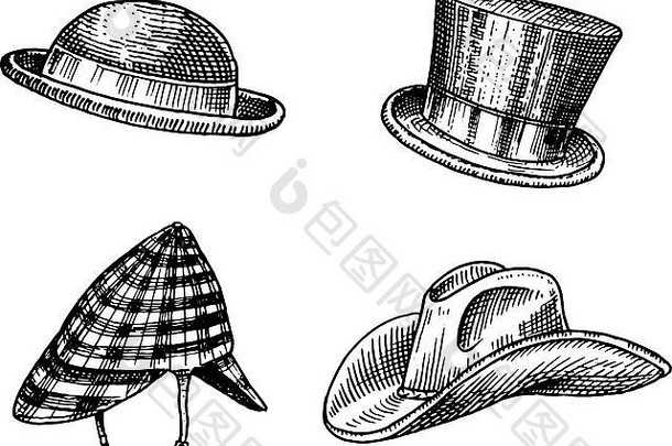 夏季复古帽子系列，适合优雅男士。Fedora Derby Deerstalker Homburg Bowler稻草贝雷帽船长牛仔Porkpie Boater尖顶帽。复古时尚套装。英国风格。手绘草图。