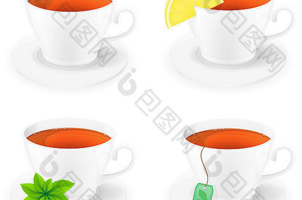 瓷杯茶柠檬薄荷一边视图插图孤立的白色背景