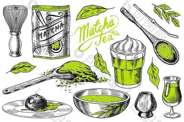 火柴绿色茶集有机粉竹子搅拌chasen碗查湾勺子chashaku日本仪式健康的椰子牛奶拿铁刻