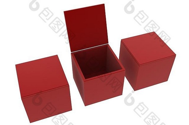 3个红色3d框，一排，中间一个打开