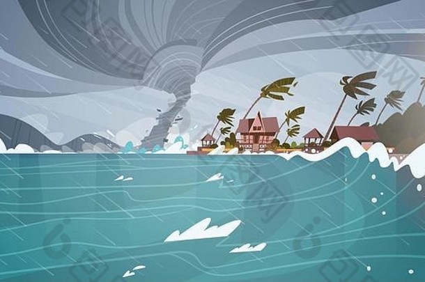 龙卷风传入的海飓风海洋巨大的波房子海岸热带自然灾难概念