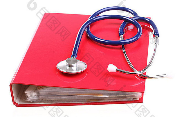 蓝色听诊器医疗，仪器，白色隔离，红色文件夹，活页夹