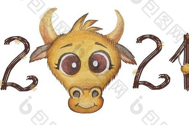 牛年。新年贺卡2021。水彩画：一只大眼睛、尾巴和数字2021的可爱公牛脸