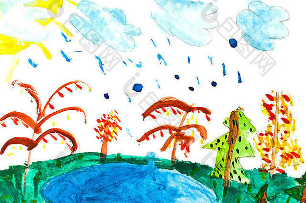 儿童画-森林湖上的雨
