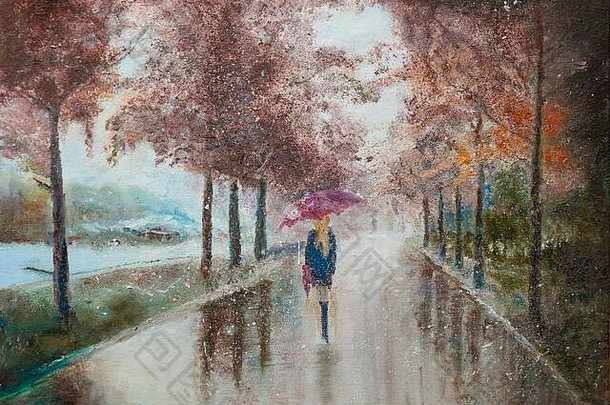 女孩伞走雨小巷城市手石油绘画帆布