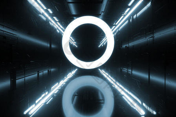 圆形霓虹灯发光环蓝色亮光夜间黑暗反射隧道走廊演播室舞台科幻未来派现代外星人飞船Virtua