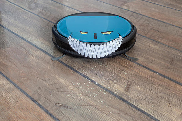 机器人接管、机器人宠物和机器人概念。机器人吸尘器在地板上用眼睛和的微笑。