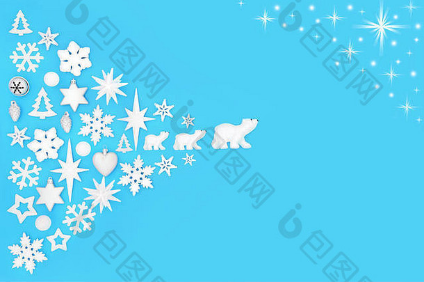 圣诞背景，装饰精美，蓝色星星，并留有空间。节日、北极和三个Wi的传统符号