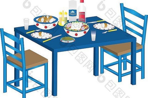 一种传统的希腊餐，由希腊色拉、橄榄、面包和乌苏组成，放在一张蓝色的桌子上，柳条椅放在白色的桌子上