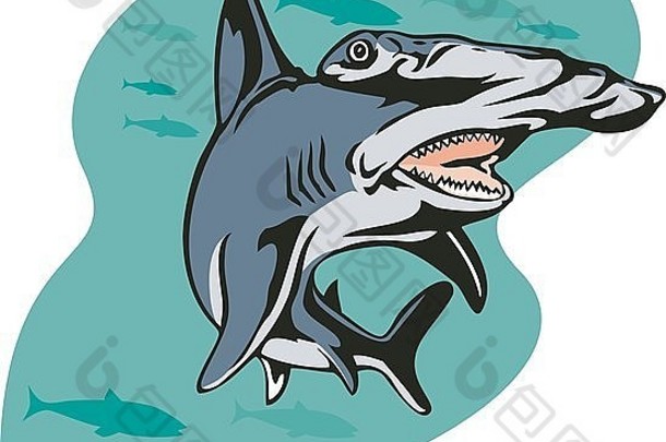 以复古风格在孤立<strong>的</strong>白色背景上拍摄锤头鲨<strong>游泳的</strong>插图。