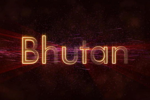 不丹-国家名称文字边缘闪烁的光线，背景是旋转和流动的星星