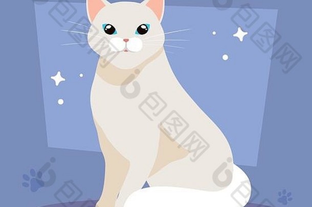 可爱的猫白色背景，有爪印