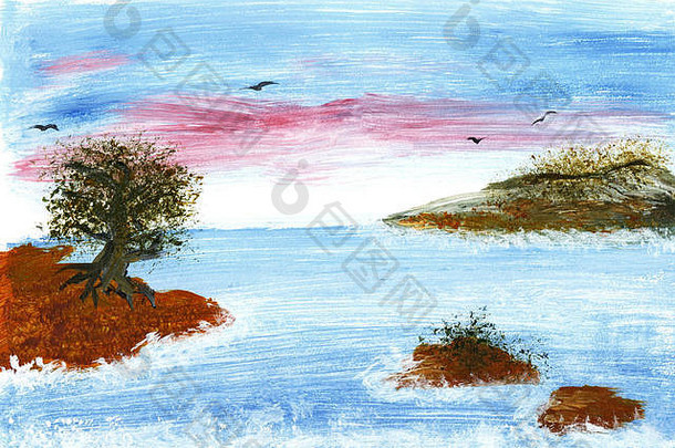 海晚上景观手画丙烯酸天空水海岸树鸟