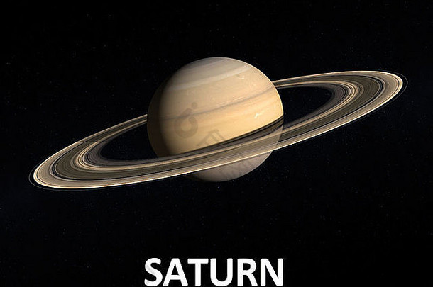 一个气体行星土星及其雄伟的环系统在一个稍微繁星背景下的英文字幕渲染。