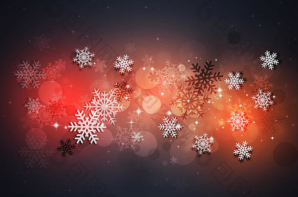 抽象的冬季假期圣诞彩卡，有雪和模糊的灯光