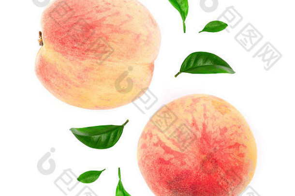 成熟的桃子叶子孤立的白色背景前视图平躺模式