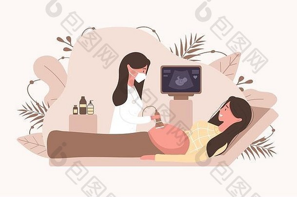 超声妊娠筛查概念。穿着医疗制服的女医生扫描母亲。肚子在监视器里微笑的女孩。胚胎婴儿