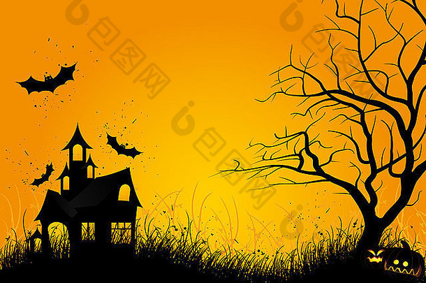 万圣节之夜背景与树南瓜蝙蝠和房子