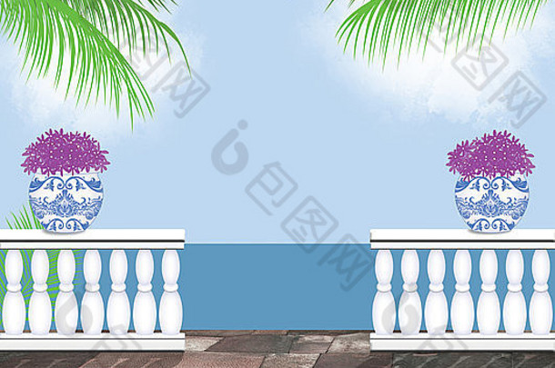 视图海正式的阳台棕榈树